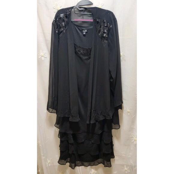 SLNY WOMENS 20W BLACK RUFFLE SEQUINS TIERED MIDI DRESS & SHEER SHAW COVER - Picture 1 of 15